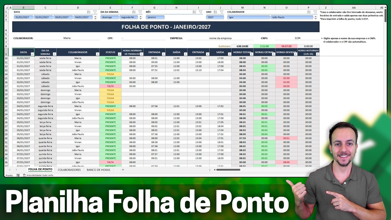 Planilha Profissional: Folha de Ponto em Excel | PDF, Banco de Horas, Horas Noturnas, etc...
