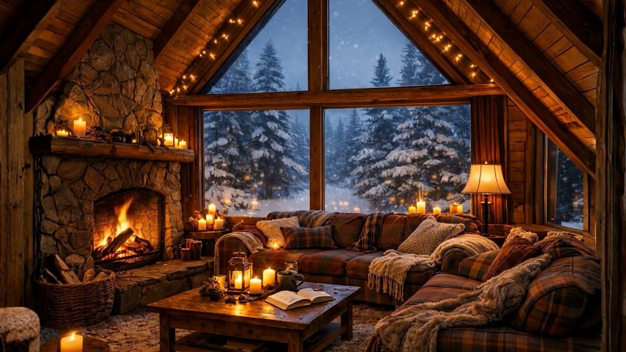 Cozy Winter Cabin Ambience 🔥  Crackling Fireplace Sounds