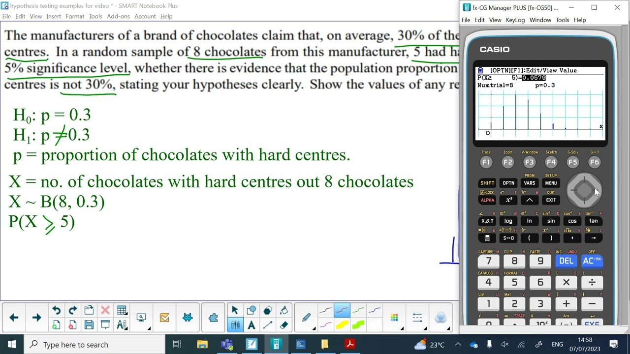 Binomial Hypothesis Testing 2 tailed CG50 distribution menu