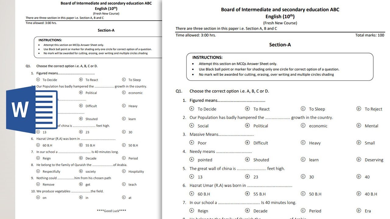 Creating multiple choice question paper for English subject in ms word 2019