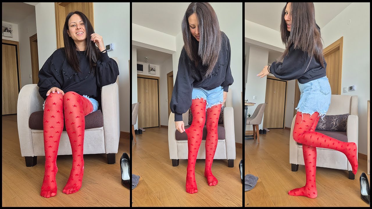 Trying on Tights with Lidija - Red Patterned Pantyhose Try On