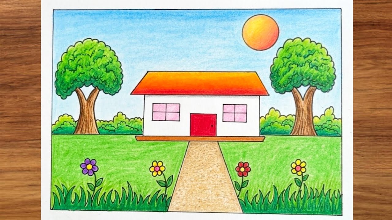 Simple House Scenery Drawing | Easy Nature Landscape Tutorial | Easy House Scenery Drawing for Kids
