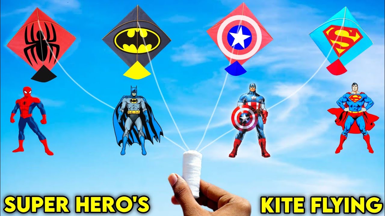 SUPER HERO'S kite flying , how to make kite , 🕸 Spiderman 🦇Batman 🦸&zwj;♂️Superman ⭐Captain America kite