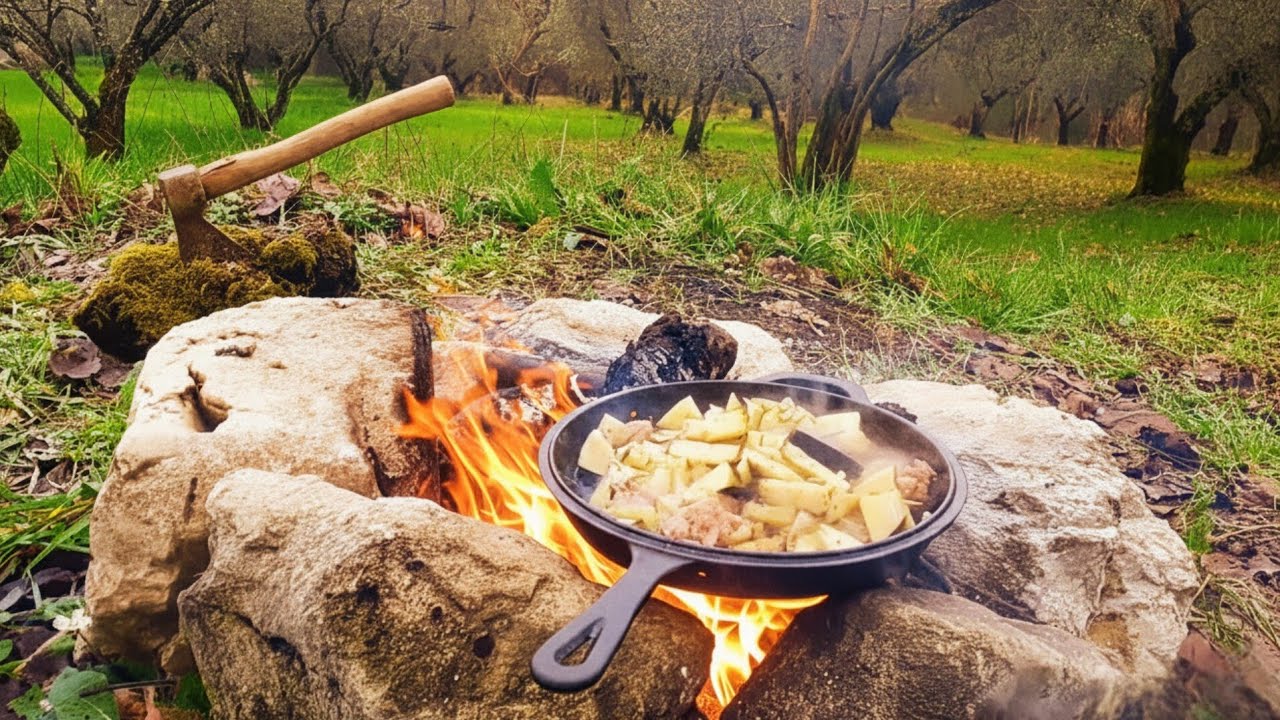Bushcraft Cooking🌶 Spicy Italian Sausage and Aubergine over the campfire - Iron Cast Pan #asmr
