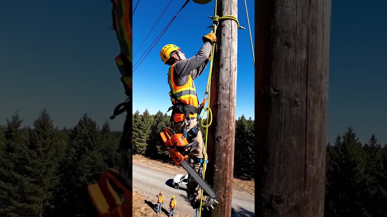 Climbing Spikes & Double-Rope System at Height — Authentic Forestry Setup!