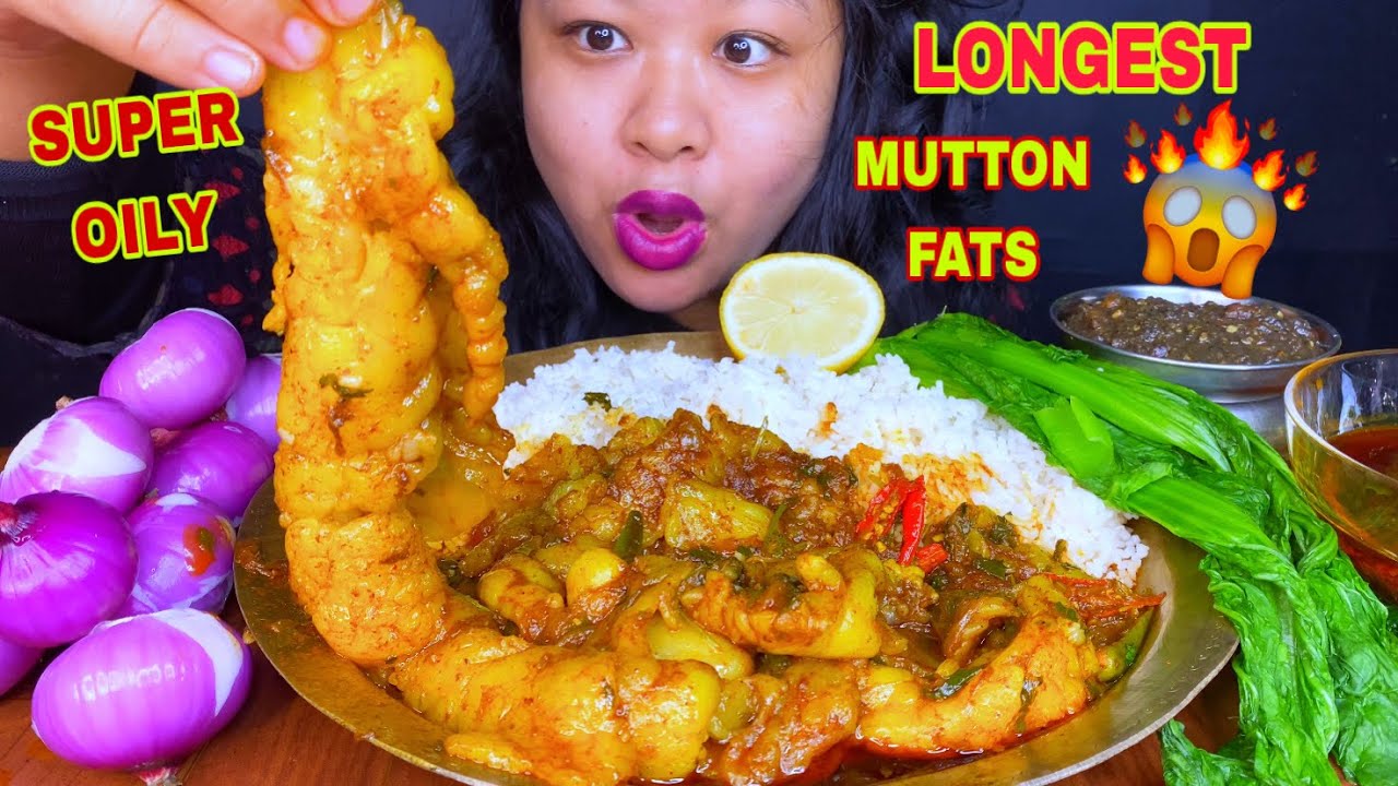 EATING SUPER OILY LONGEST MUTTON FAT CURRY, SPICY CHUTNEY & RICE🔥SPICY MUTTON FAT CURRY MUKBANG ASMR