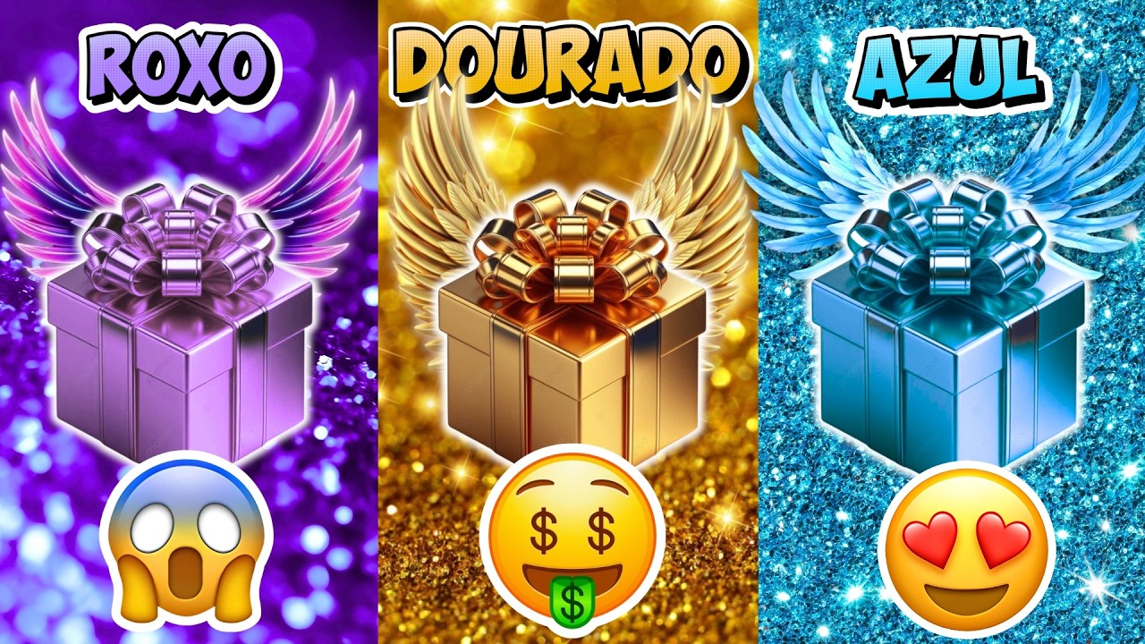 🎮🎁😱 ESCOLHA SEU PRESENTE ROXO, DOURADO ou AZUL desafio dos presentes coloridos🔊 