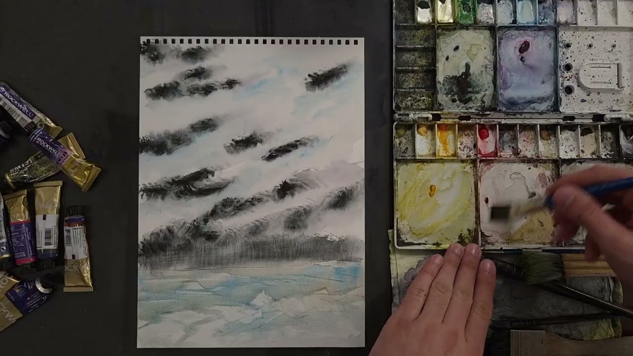 Broken Cloud Strata Over Shallow Waters | Watercolor Abstract Landscape Painting #399