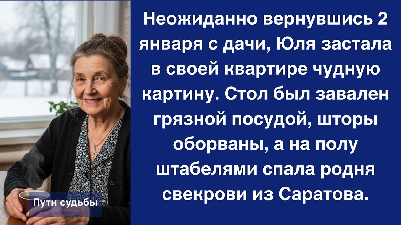 Стол был завален грязной посудой, шторы оборваны  А на полу штабелями спали родственники свекр