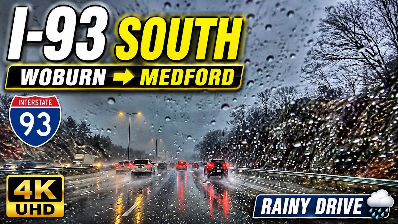 I-93 South - Woburn to Middlesex Ave Medford MA | 4K Rainy Highway Drive - 12/29/25 