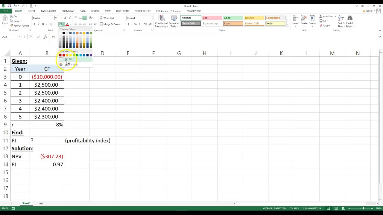 Calculating the Profitability Index (PI) on Excel.