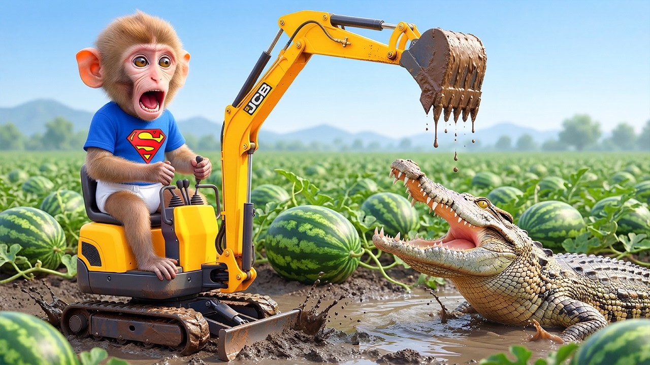 🐒🚜 Monkey Nana Drives a JCB to Harvest Watermelons… But a Ferocious Crocodile Suddenly Attacks! 🍉🐊😱