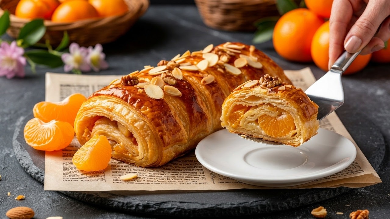 Быстрый мандариновый рулет из слоеного теста 🍊 Простой и вкусный рецепт к чаю за 20 минут!