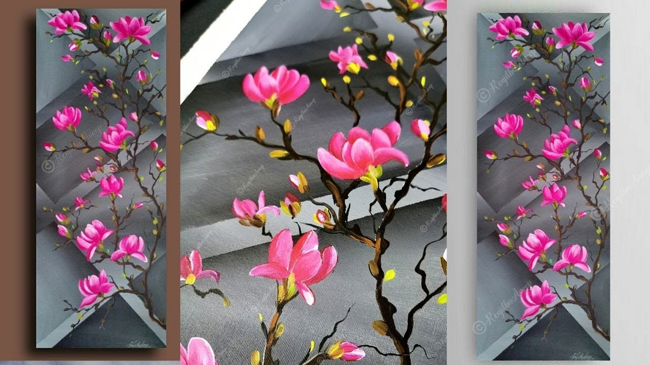 acrylic painting magnolia on canvas for beginners | How to paint tree of magnolia