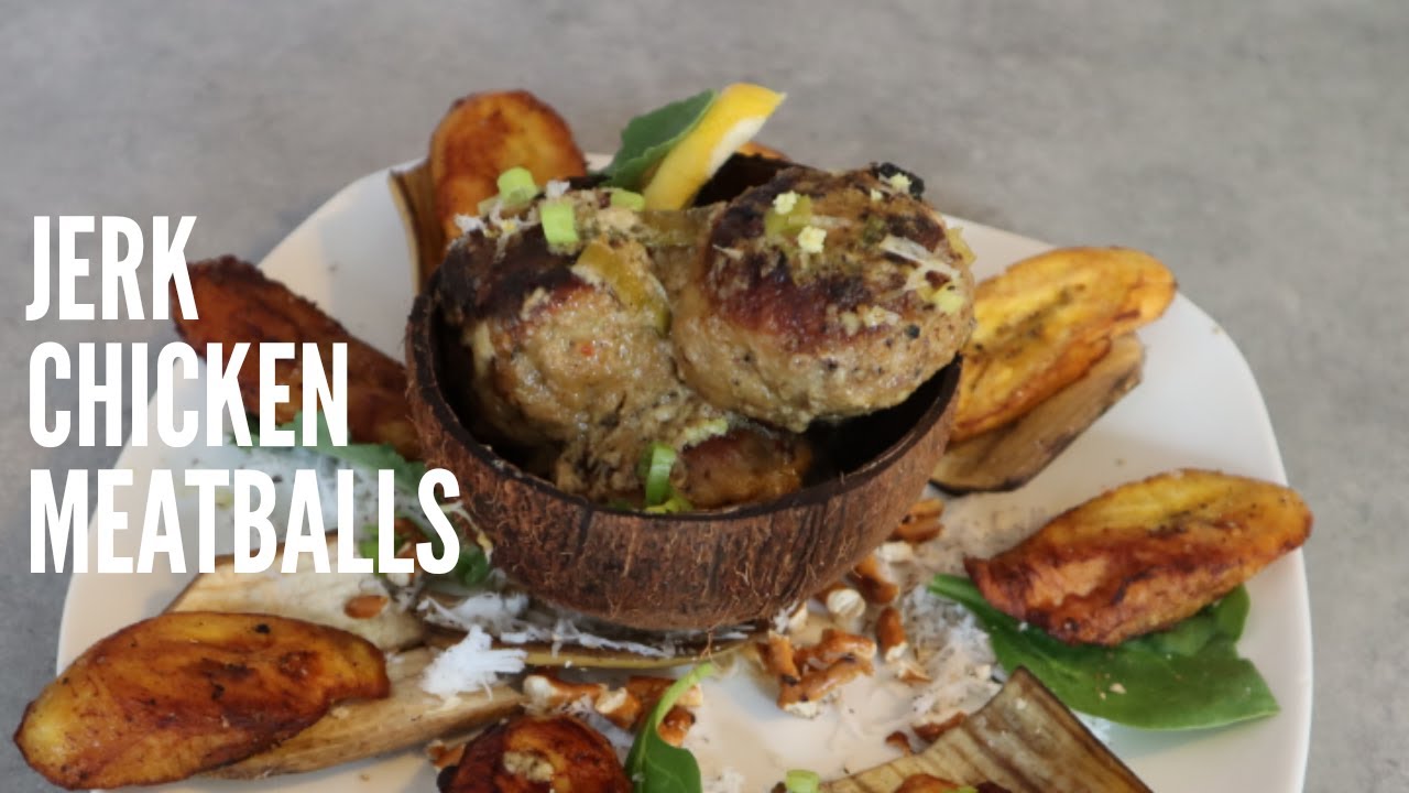 JAMAICAN JERK CHICKEN MEATBALLS IN COCONUT SAUCE AND FRIED PLANTAIN . MUKBANG 2020