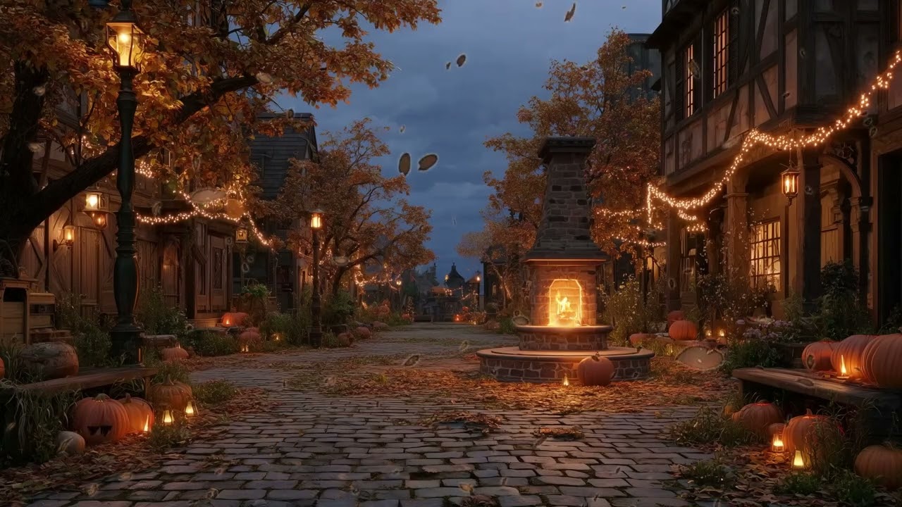 Day 3: Autumn Village Fireplace Ambience 🍂 Cozy Fall Pumpkins & Lanterns | Reading & Sleep