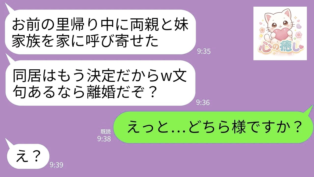 【LINE】私の里帰り出産中に義両親と義妹家族との同居を決める夫「今日から6人同居させるw嫌なら離婚な」→私「どちら様ですか？」夫「え？」→義家族が崩壊へw
