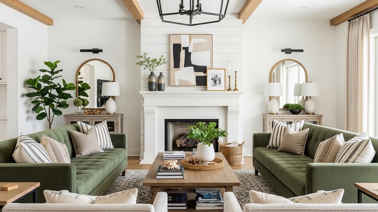 Современные идеи оформления гостиной в стиле загородного дома | Теплый нейтральный дизайн интерьера