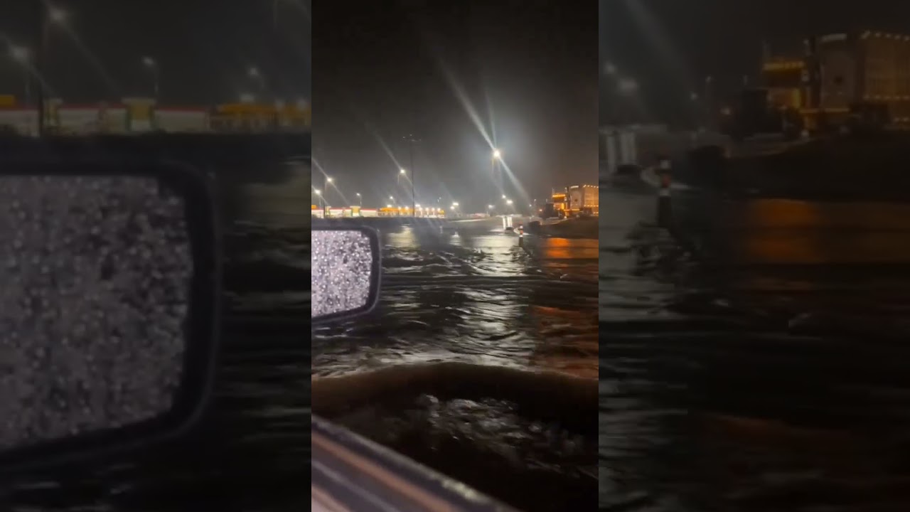 Heavy flooding on the road due to extreme rainfall between Canyon and Amarillo, Texas, USA..