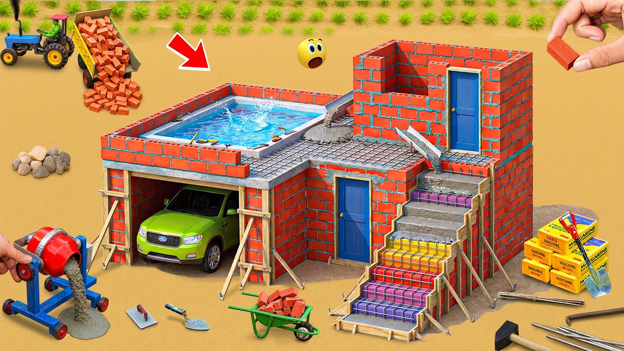 Amazing DIY Mini Brick House with Rooftop Pool & Garage | Construction Science Project