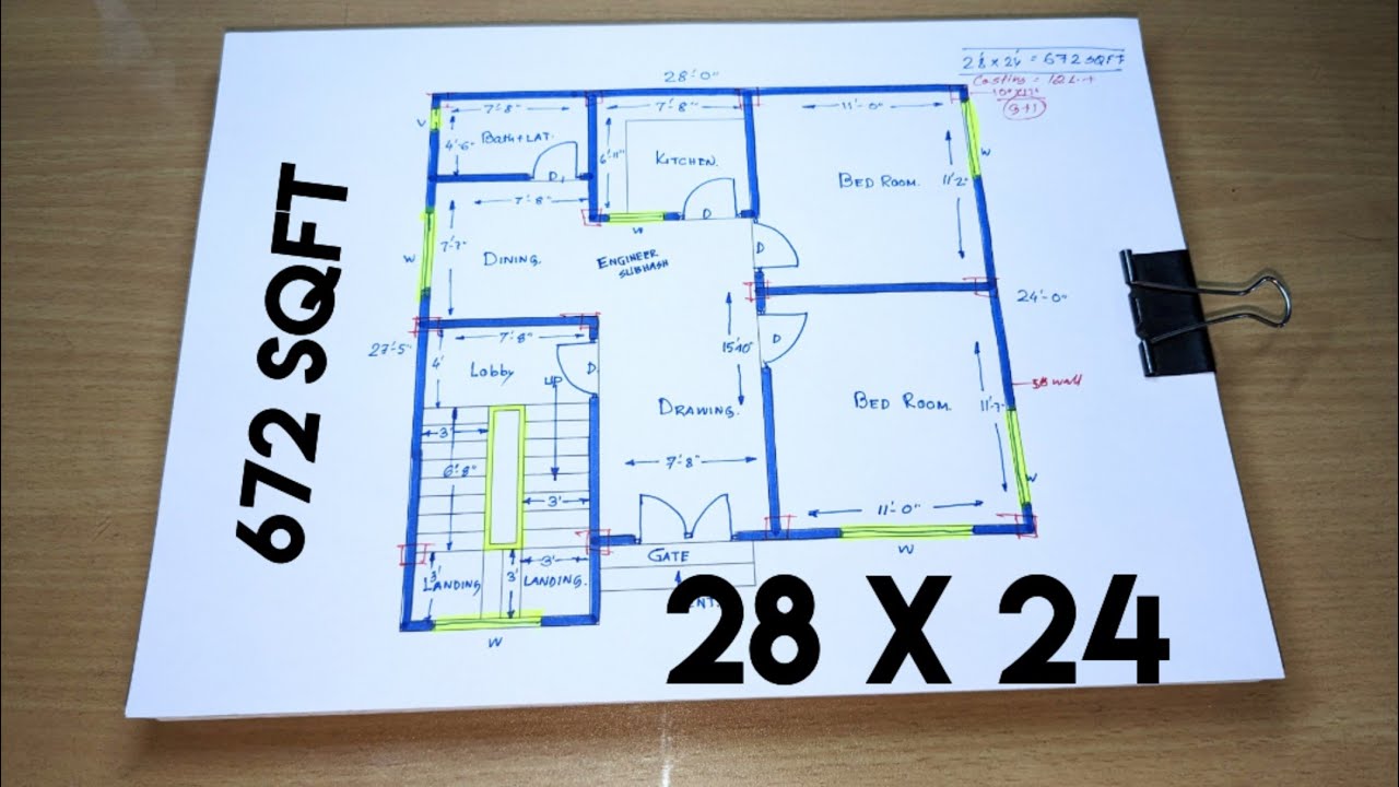 28 by 24 house building drawing II 2 bhk house plan design II 672 sqft ghar ka naksha
