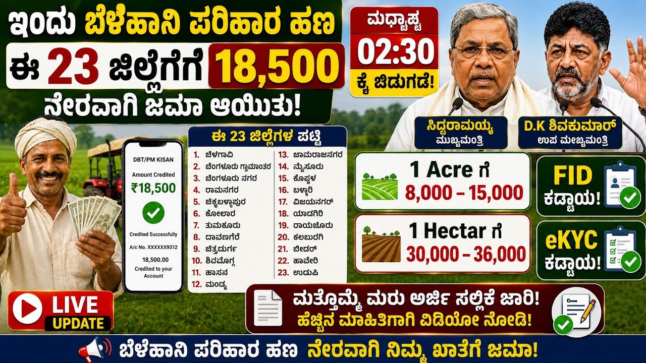 ಬೆಳೆಹಾನಿ ಪರಿಹಾರ ₹18,500 ಜಮಾ | 23 ಜಿಲ್ಲೆಗಳ ರೈತರಿಗೆ ಹಣ ಬಿಡುಗಡೆ | 1 Acreಗೆ ₹15,000 |eKYC & FID ಕಡ್ಡಾಯ