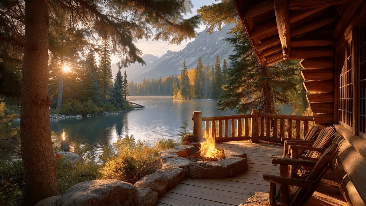 Cozy Vibes | Lakeside Campfire Ambience with Gentle Calm Morning Nature Sounds for Relaxing, Study