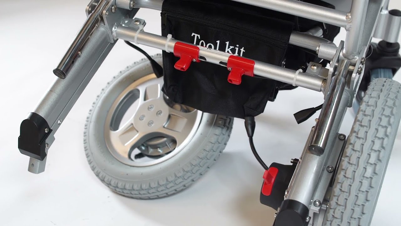 FLEXiThrone eThrone12DW lehký elektrický skládací invalidní vozík - odejmutí a nasazení kol.