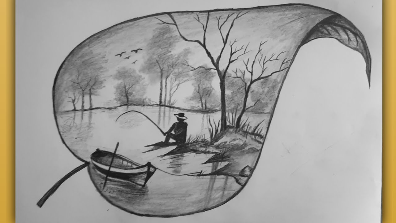 Easy Beautiful Scenery Drawing in Leaf - Pencil Drawing Tutorial - Step by Step