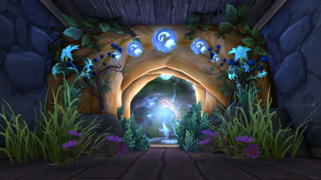 wow housing horde test home outdoor garden concept, volcano! druid port,  training room, mech garage