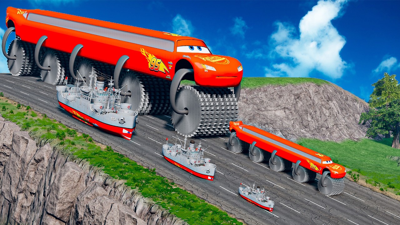 Big & Small Lightning McQueen Saw Wheels vs Ship Lightning Mcqueen vs DOWN OF DEATH | BeamNG.drive