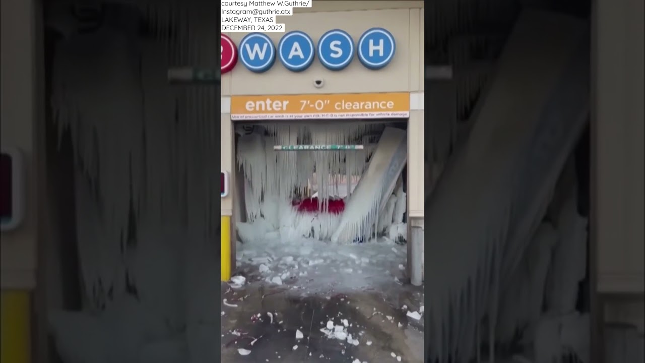 Icicles hanging from roof of carwash in Texas following winter storms