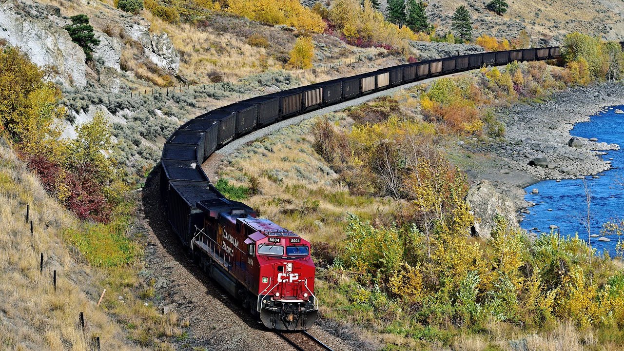 Big Loaded CP Coal Train Follows Along The Thompson River