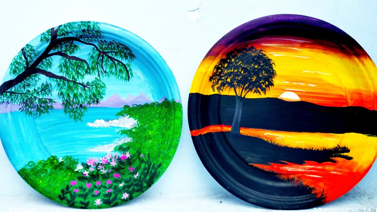 “2 Easy Plate Painting Sceneries | Disposable Plate Art for Beginners | Simple Landscape Tutorial”