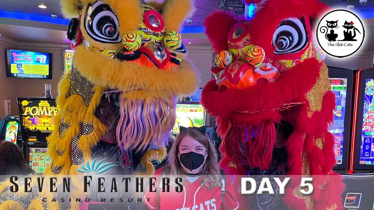 SEVEN FEATHERS CASINO LION DANCING CELEBRATION AND SLOT PLAY!  RETRIGGERED FREE GAMES ON NIGHT LIFE!