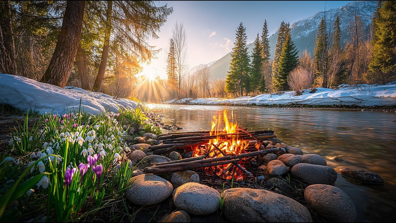 Early Spring River Campfire 🔥🌼 Relaxing Nature Sounds for Deep Sleep & Calm Evenings