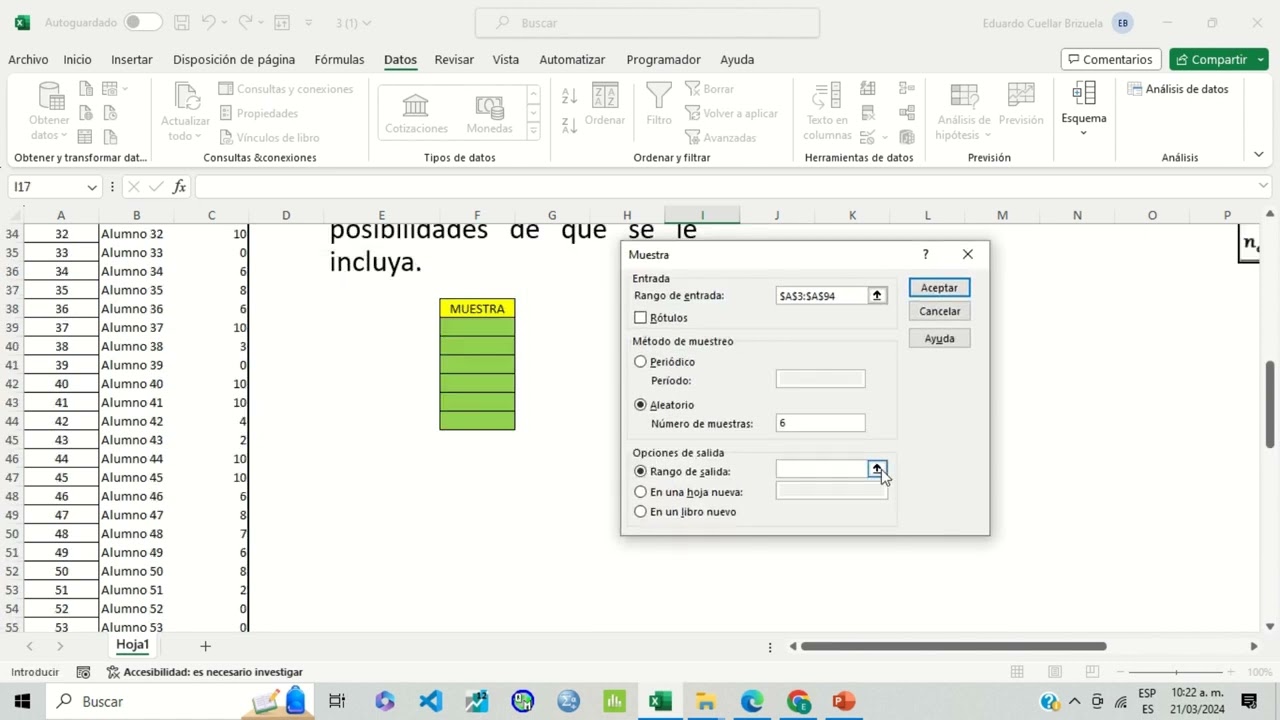 Muestreo aleatorio simple en Excel