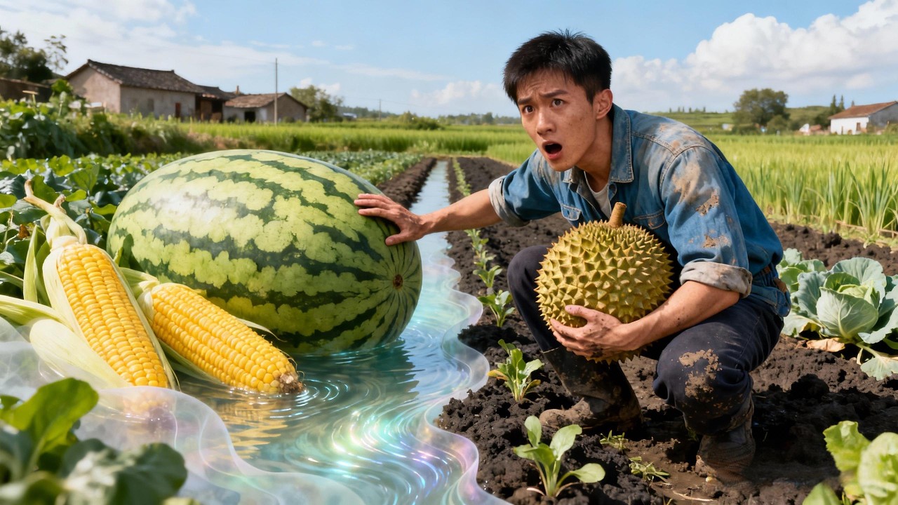小伙返鄉照顧爺爺，種地時意外發現神奇畫境，畫中河水能治病、催熟作物。他靠畫境種出超大蔬果