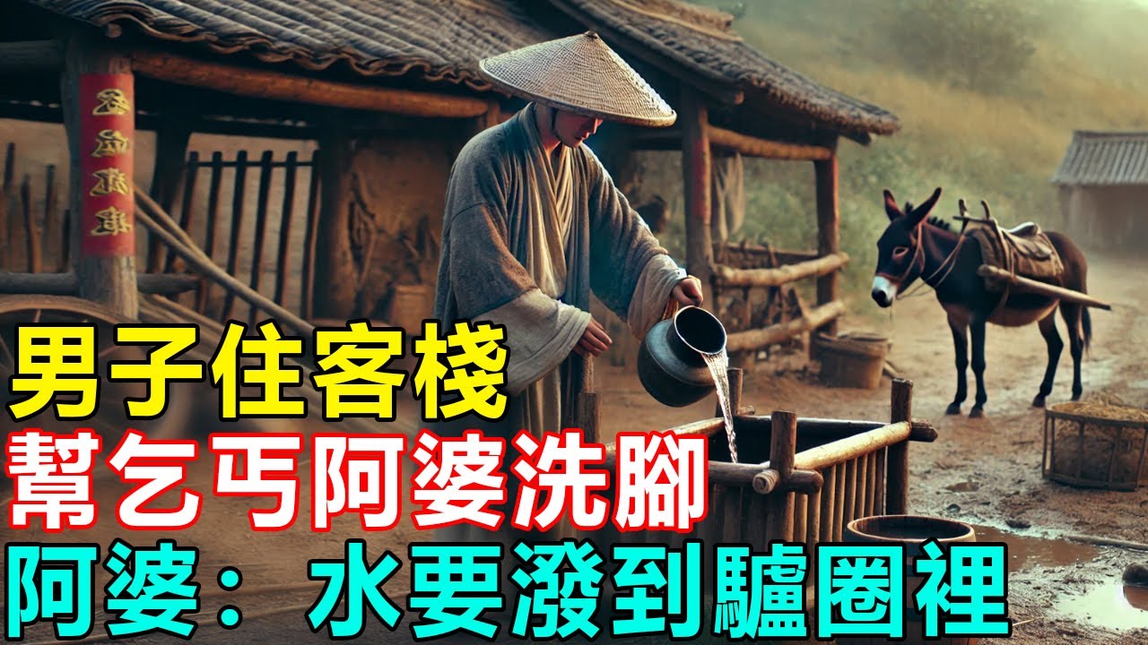 民間故事：男子住客棧，幫乞丐阿婆洗腳，阿婆：水要潑到驢圈裡