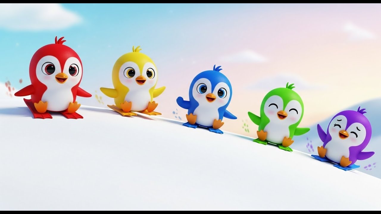 Горка с пятью игрушечными пингвинами | Детские песни и стишки для детей