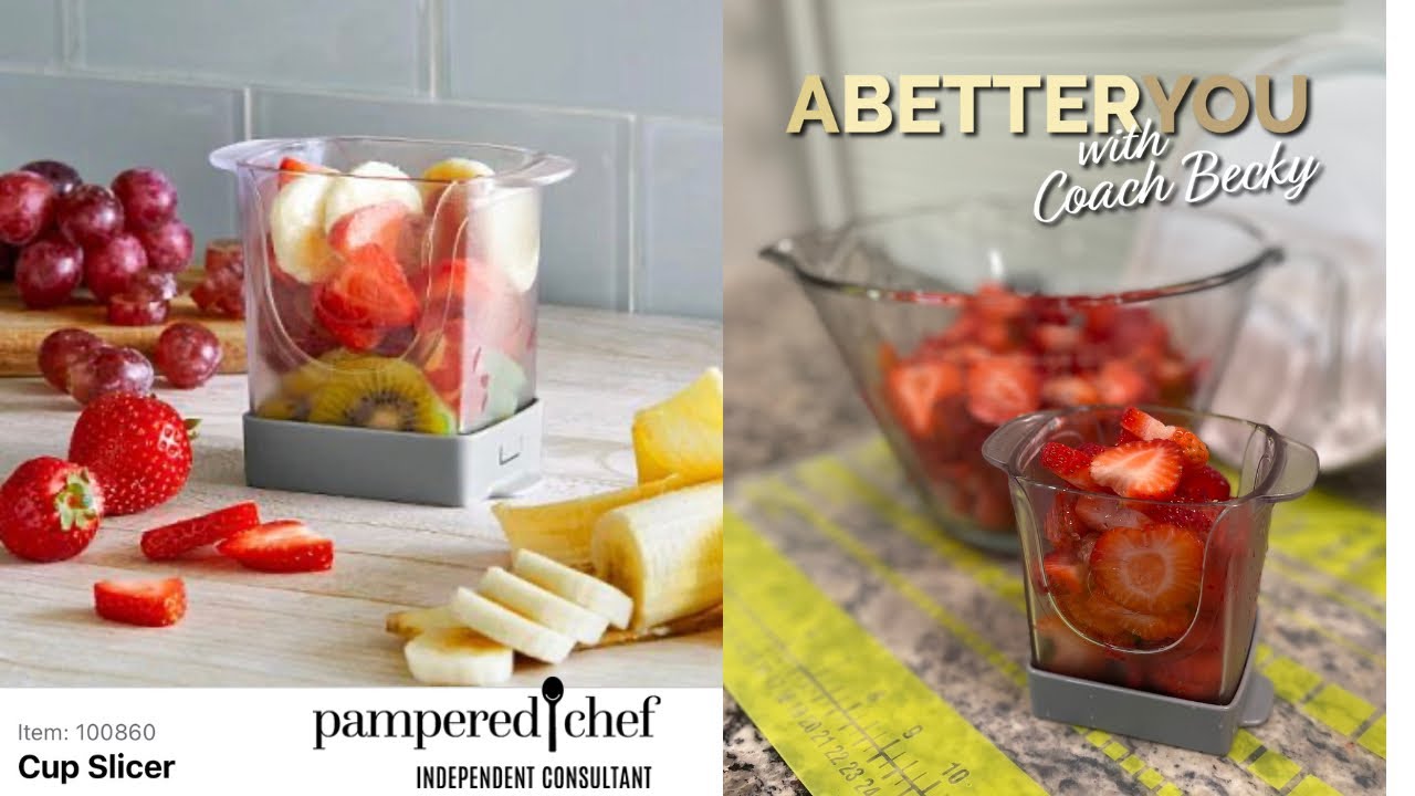 The Pampered Chef Cup Slicer cutting fresh strawberries