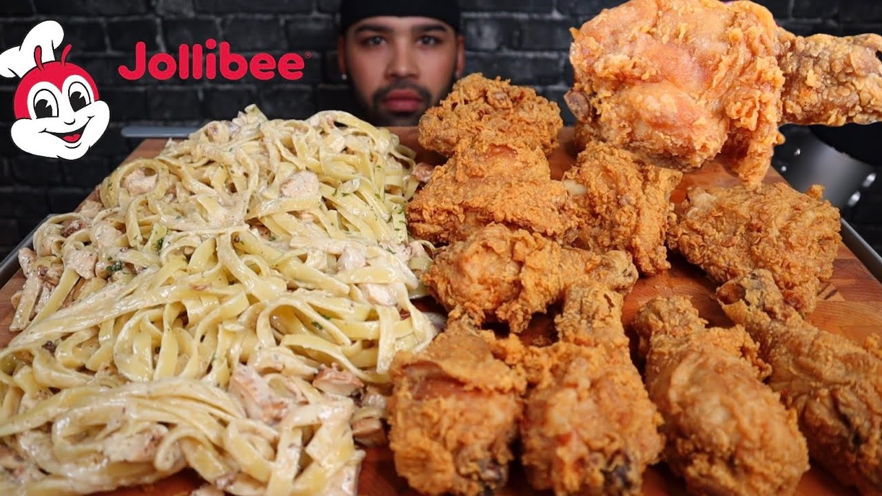 ASMR EATING CRISPY JOLLIBEE CHICKEN  & CREAMY CHICKEN FETTUCCINE ALFREDO MUKBANG