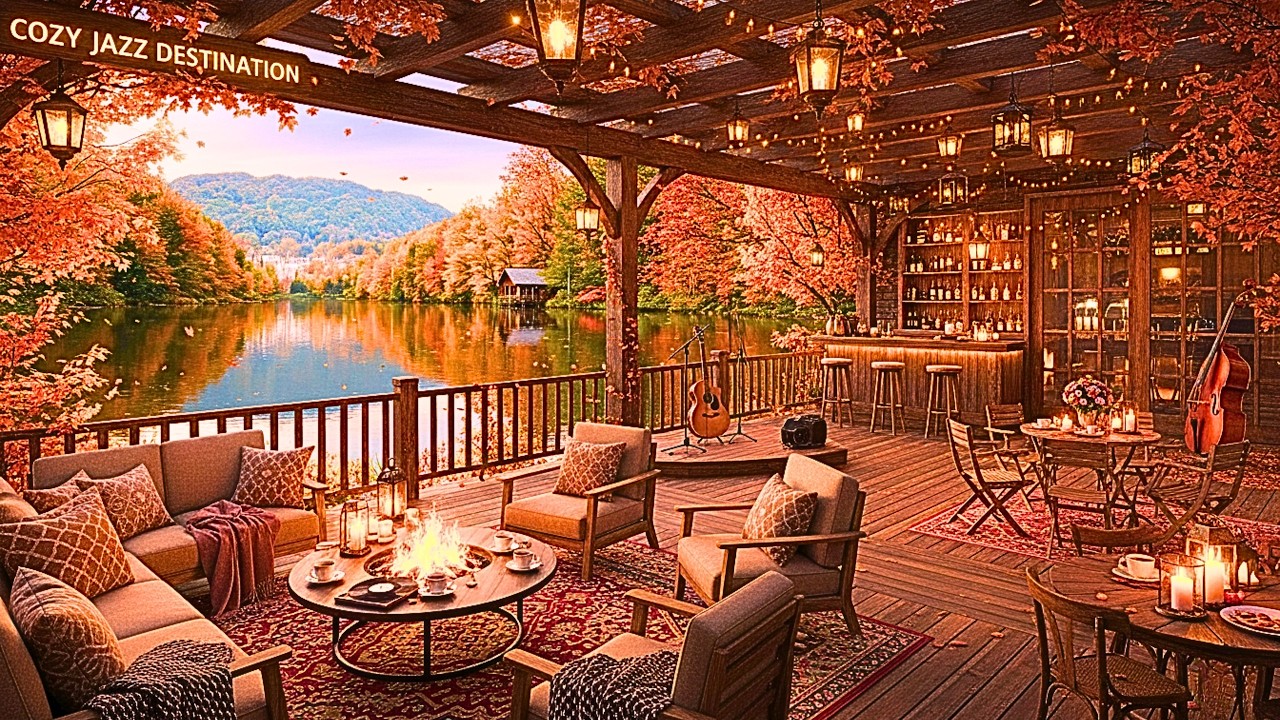 Soft Jazz Music & Fireplace Ambience 🍂 Cozy Jazz Destinations | Relaxing Autumn Lake Vibes