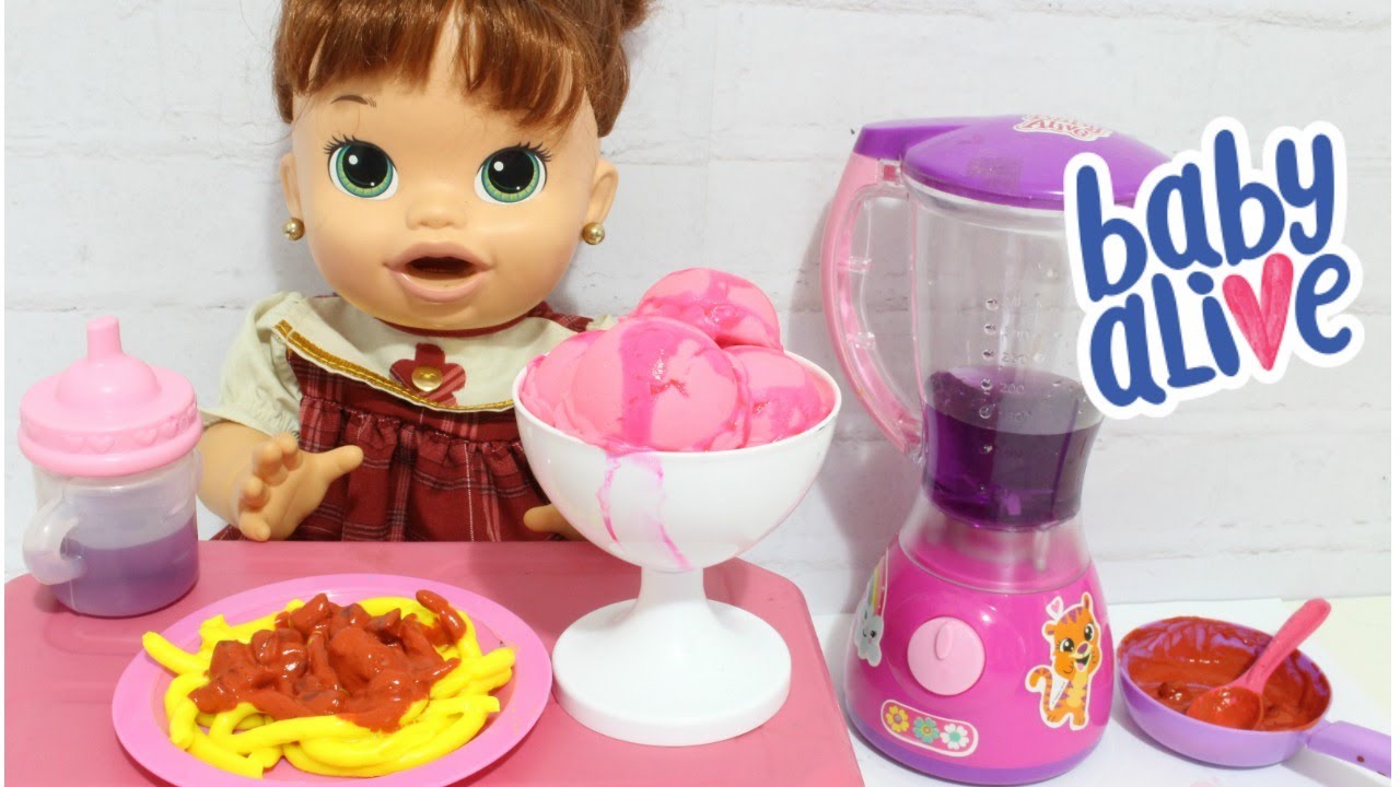 🍼BABY ALIVE COMILONA SARA ALMOÇO MACARRÃO COM MOLHO CARNE MOÍDA SORVETE E SUCO DE UVA COMIDINHAS