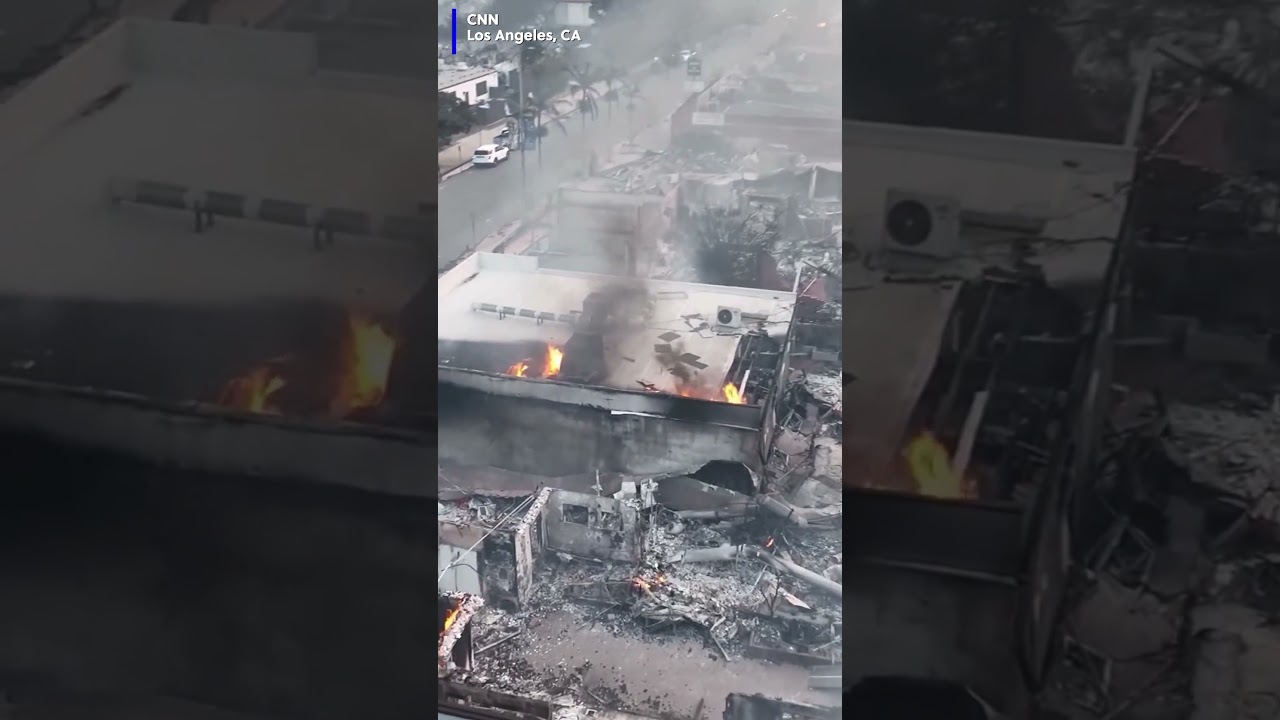 Drone video over Pacific Palisades in California shows destruction left behind by Palisades Fire.
