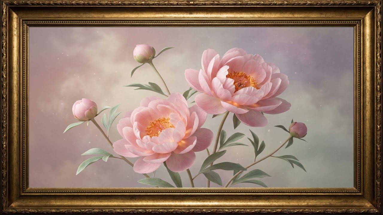 Luxury Floral Wall Art | Elegant 3D Peonies with Cinematic Lighting Frame TV Art Wallpaper