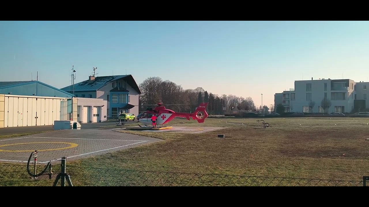 Eurocopter EC 135 Helicopter Action landing, refueling, take off and low landing on helipad
