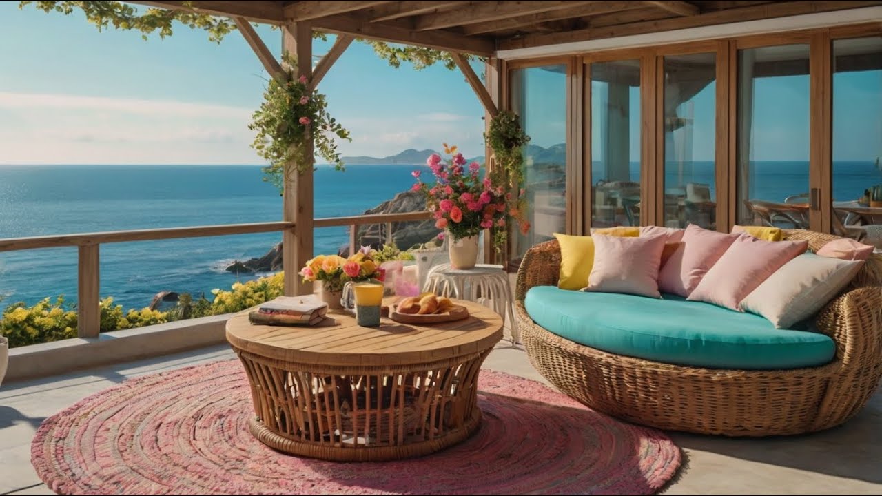 Relaxing Seaside Terrace Ambience | Ocean View, Flowers & Gentle Breeze