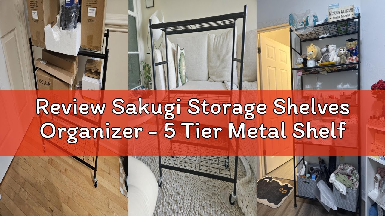 Review Sakugi Storage Shelves Organizer - 5 Tier Metal Shelf Organizer with Metal Wheels and Adjusta