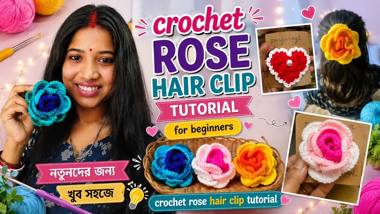 Crochet 3D rose bag  tutorial।। নতুনদের জন্য খুব সহজ ভাবে উলের গোলাপ ব্যাগ tutorial।#3Drosetutorial 